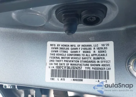 2020 Honda Civic Ex z USA, uszkodzony, nr VIN 19XFC1F36LE024257